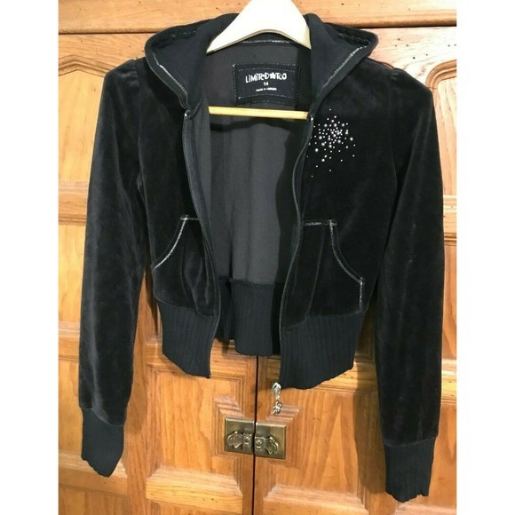 Limited Too Black Velvet Hoodie w Rhinestones Zipper Sweatshirt Pockets Size Y14 - Picture 4 of 8